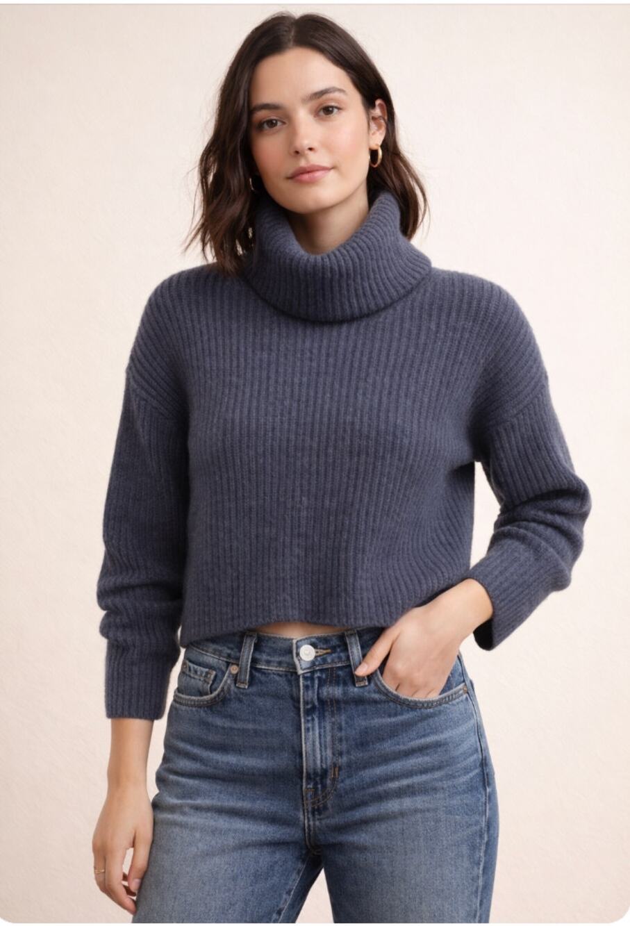 Madewell Resourced Cashmere Turtleneck Sweater XXS Slate Blue Ribbed Crop Soft